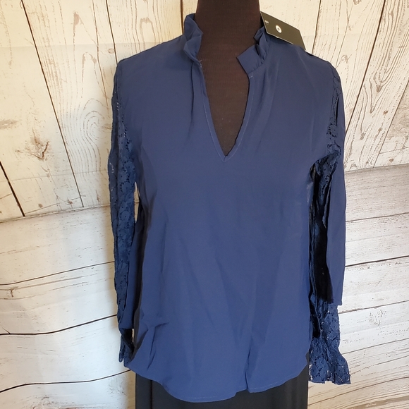 Kara and Kate long sleeved lace and chiffon blouse navy size Small - Picture 1 of 11